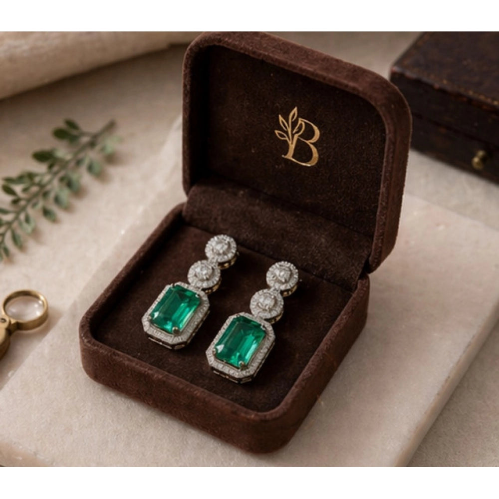 Brass Silver Plated Drop Earrings (Green) – Design 05