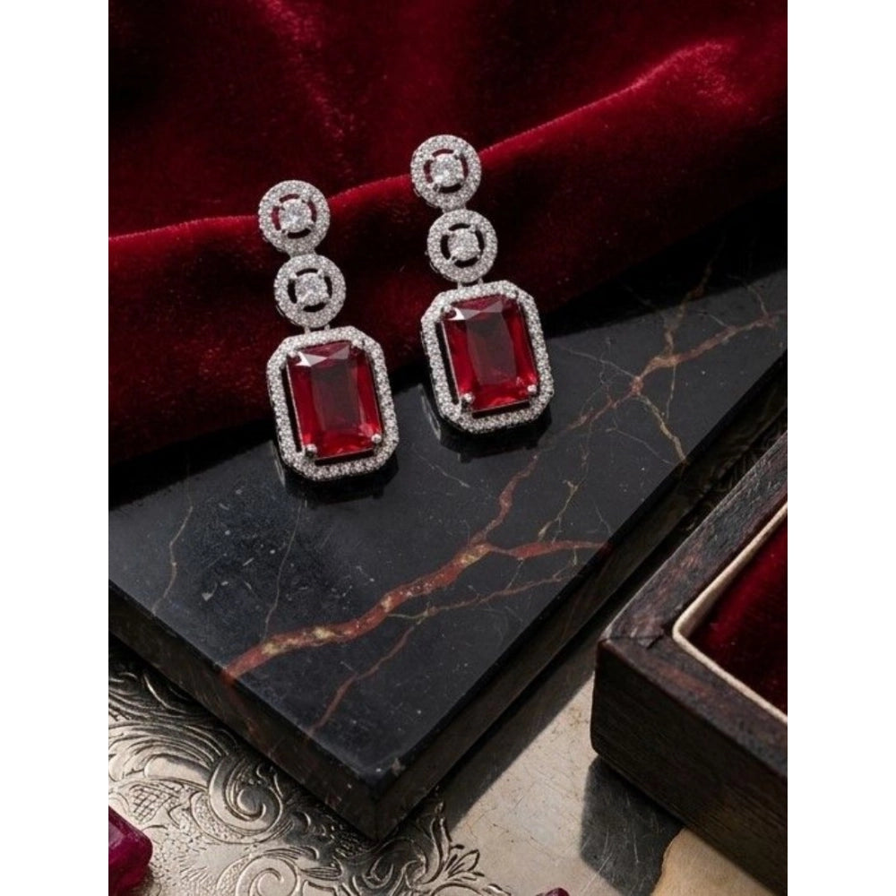 Brass Silver Plated Drop Earrings (Red) – Design 03
