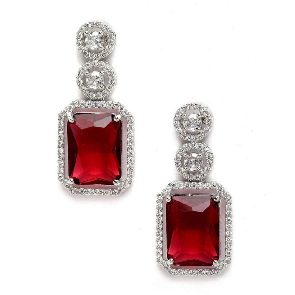 Brass Silver Plated Drop Earrings (Red) – Design 03