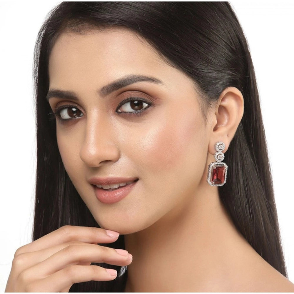 Brass Silver Plated Drop Earrings (Red) – Design 03
