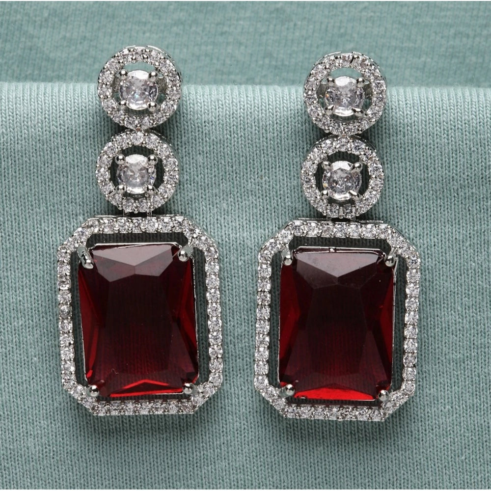 Brass Silver Plated Drop Earrings (Red) – Design 03