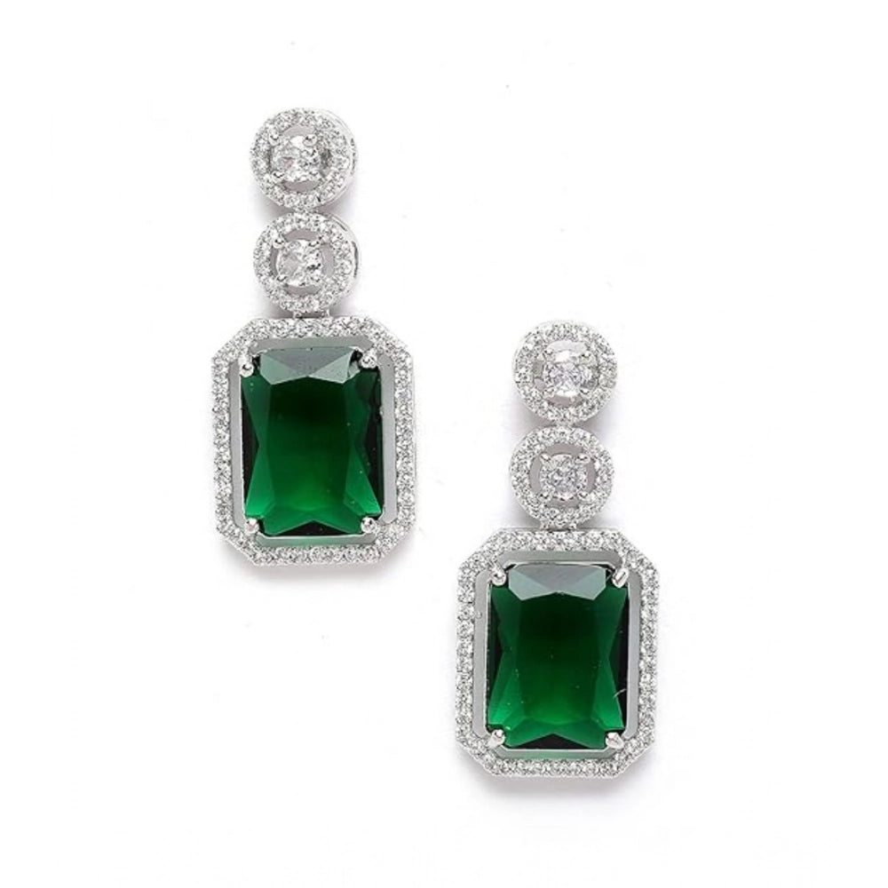 Brass Silver Plated Drop Earrings (Green) – Design 06