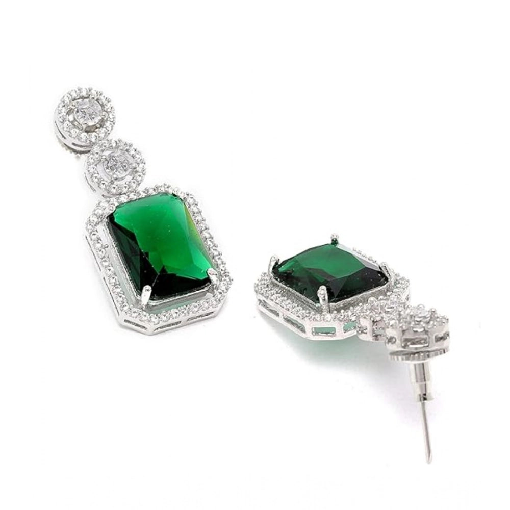 Brass Silver Plated Drop Earrings (Green) – Design 06