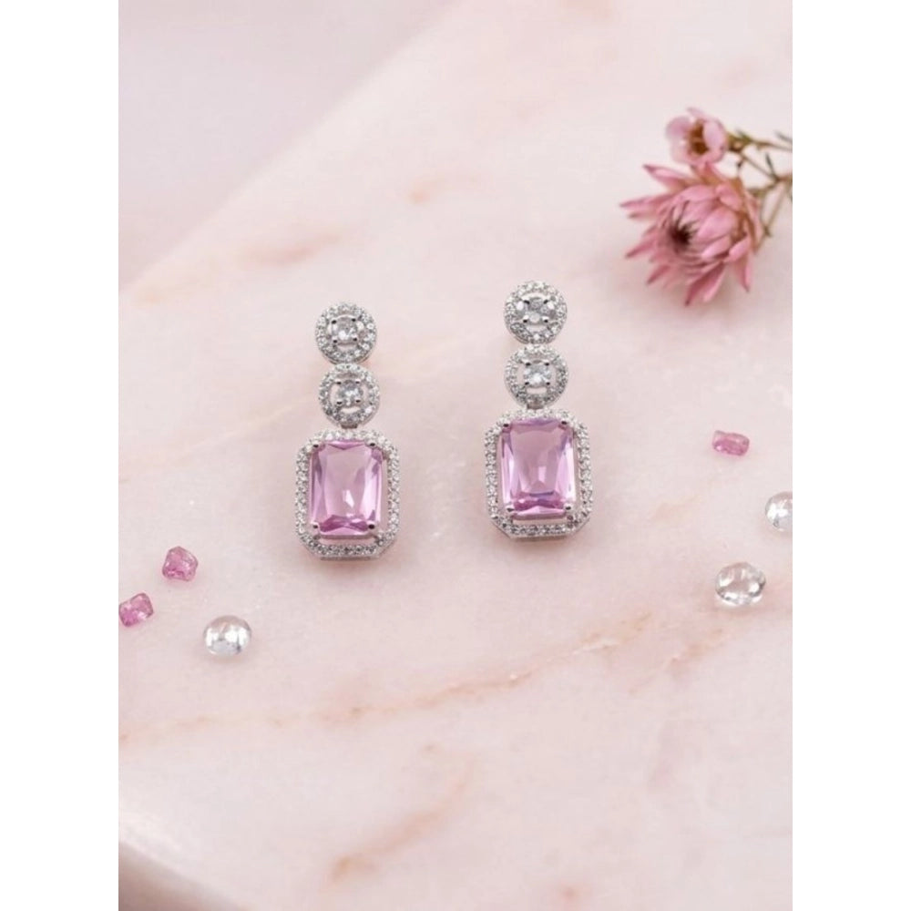 Brass Silver Plated Drop Earrings (Pink) – Design 05