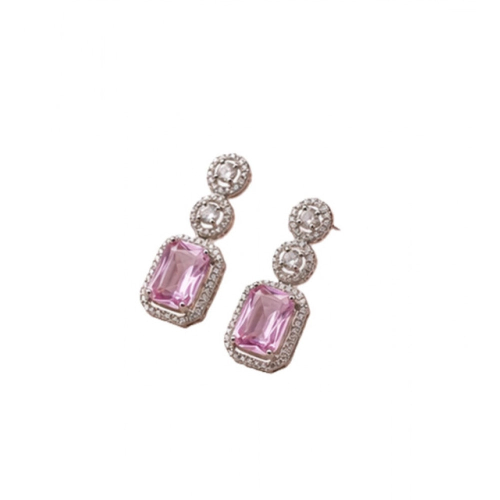 Brass Silver Plated Drop Earrings (Pink) – Design 05