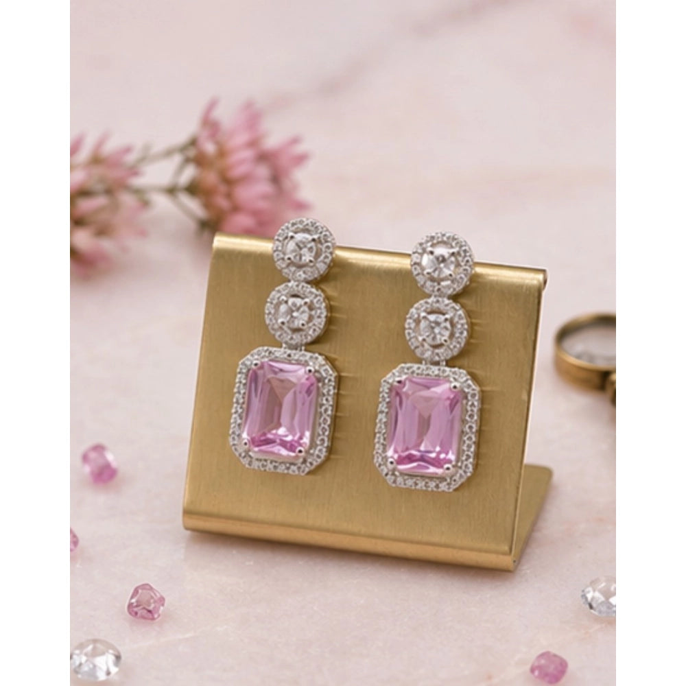 Brass Silver Plated Drop Earrings (Pink) – Design 05