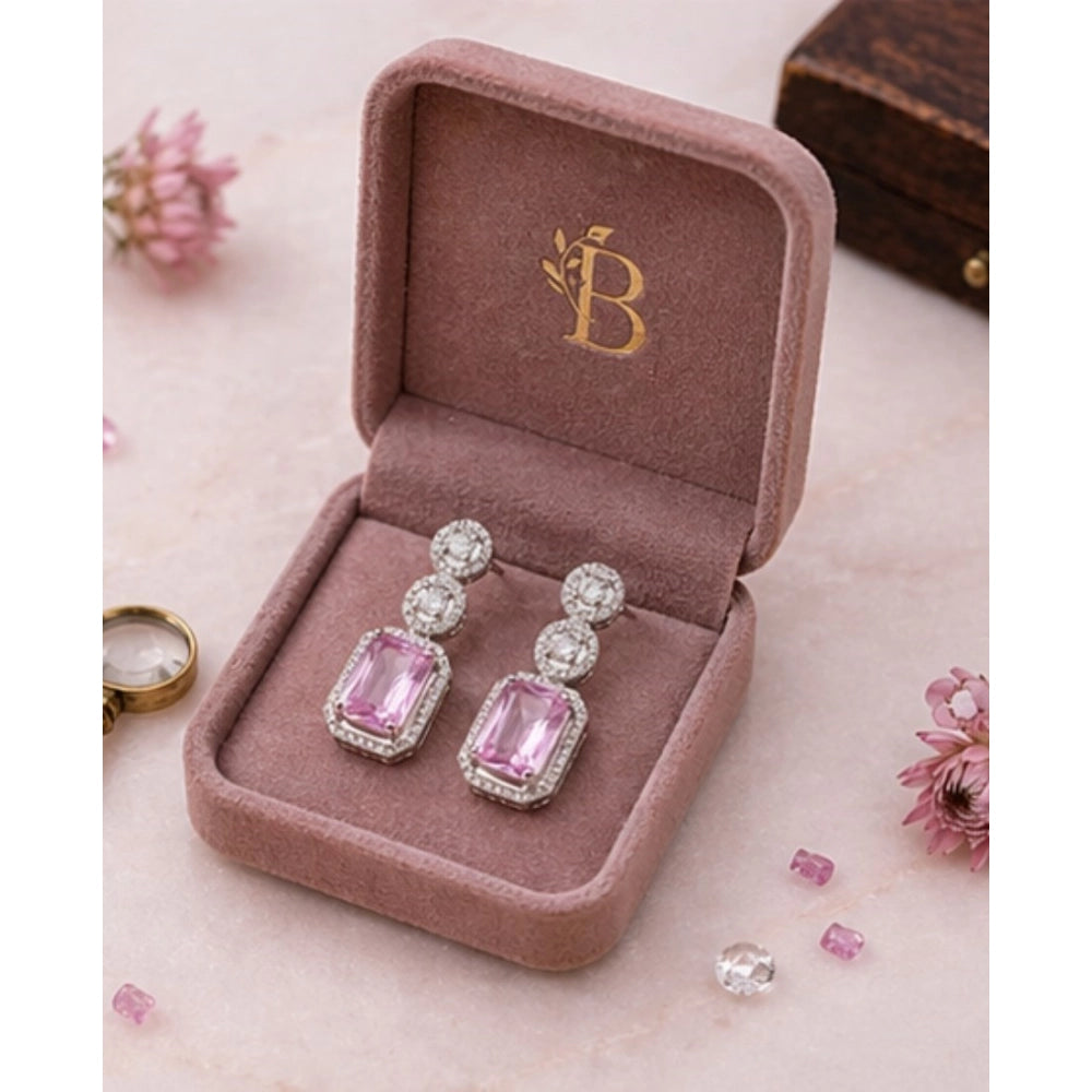 Brass Silver Plated Drop Earrings (Pink) – Design 05