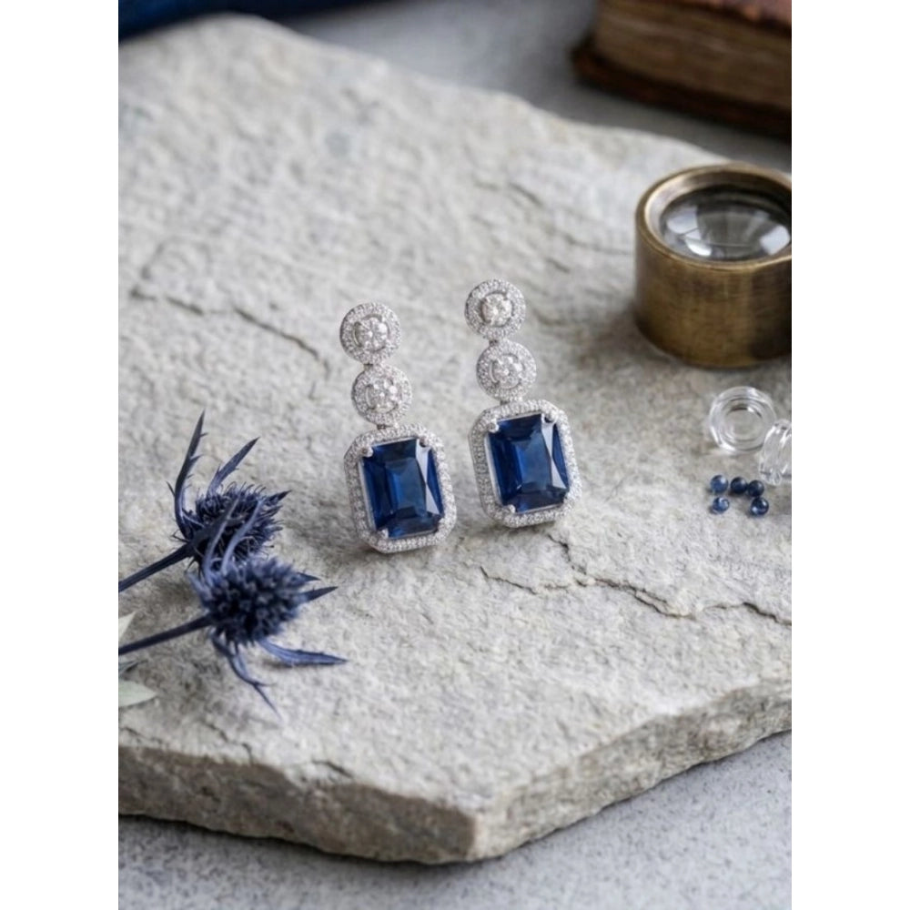 Brass Silver Plated Drop Earrings (Blue) – Design 02
