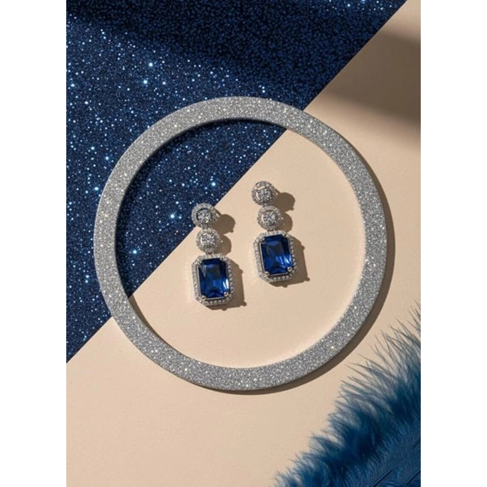 Brass Silver Plated Drop Earrings (Blue) – Design 02