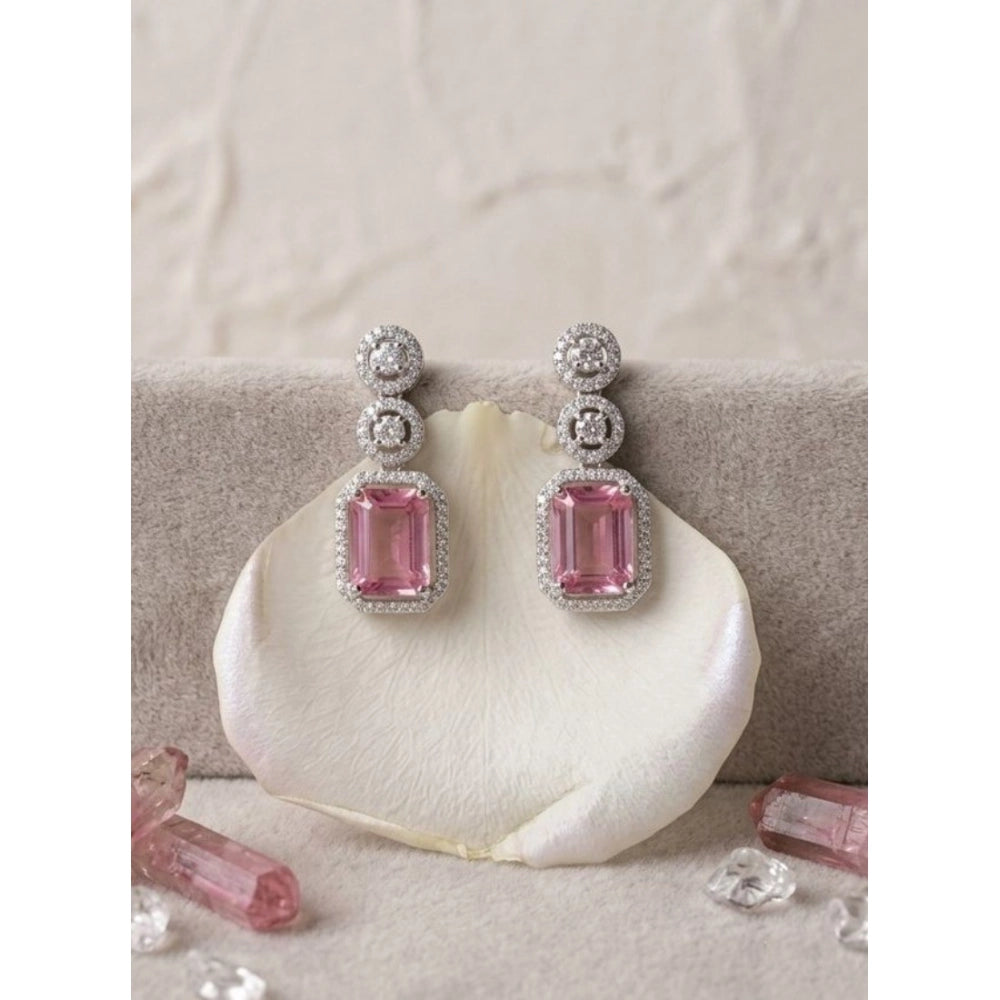 Brass Silver Plated Drop Earrings (Pink) – Design 06