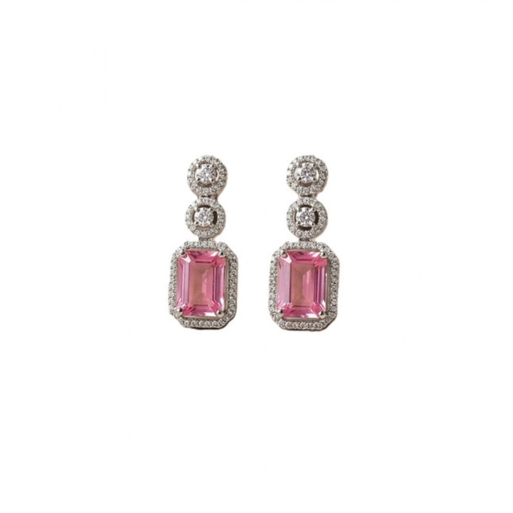 Brass Silver Plated Drop Earrings (Pink) – Design 06