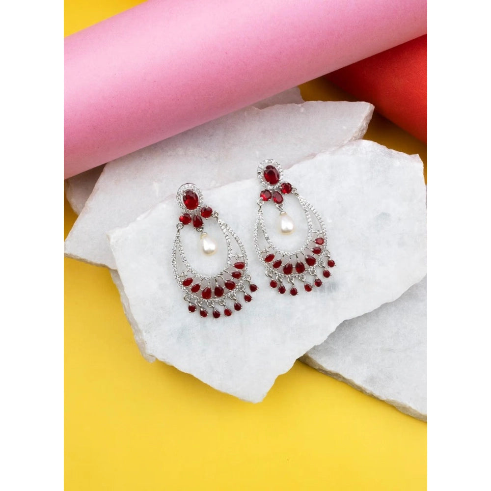 Brass Silver Plated Chandbali Earrings (Red)