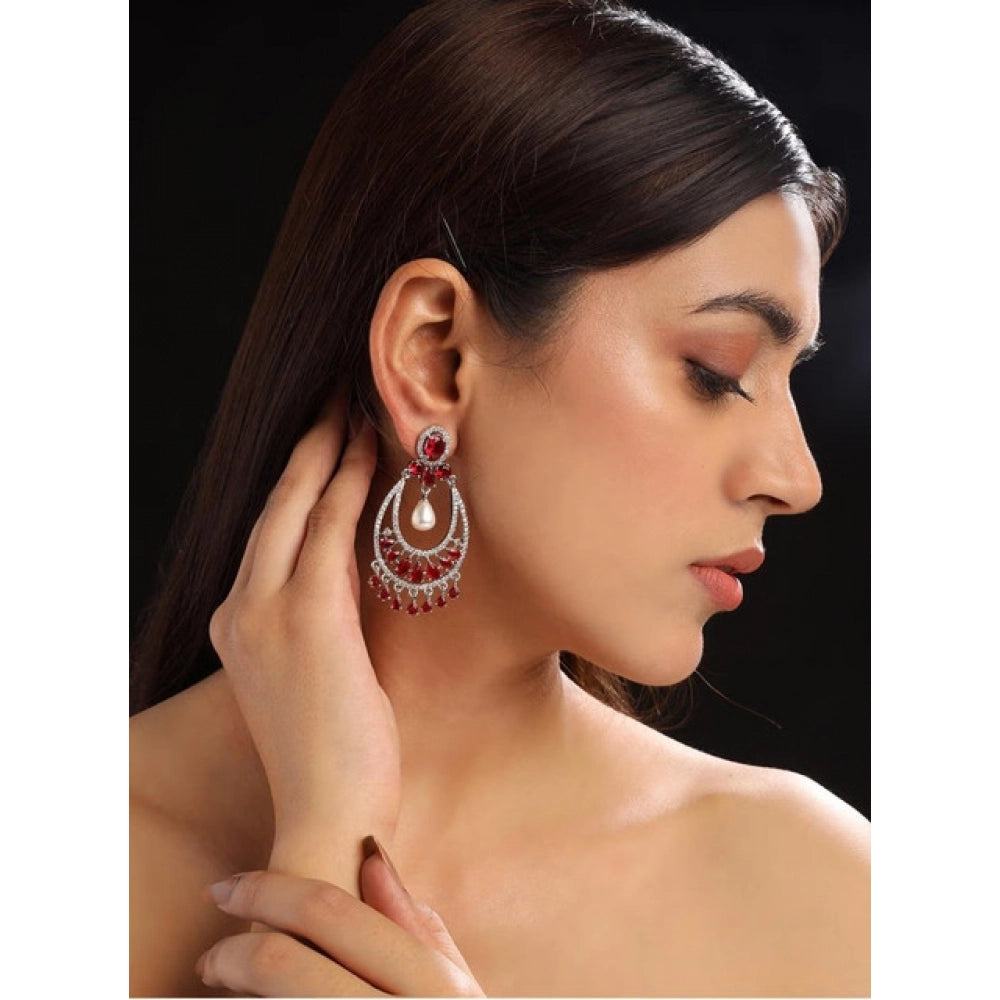 Brass Silver Plated Chandbali Earrings (Red)
