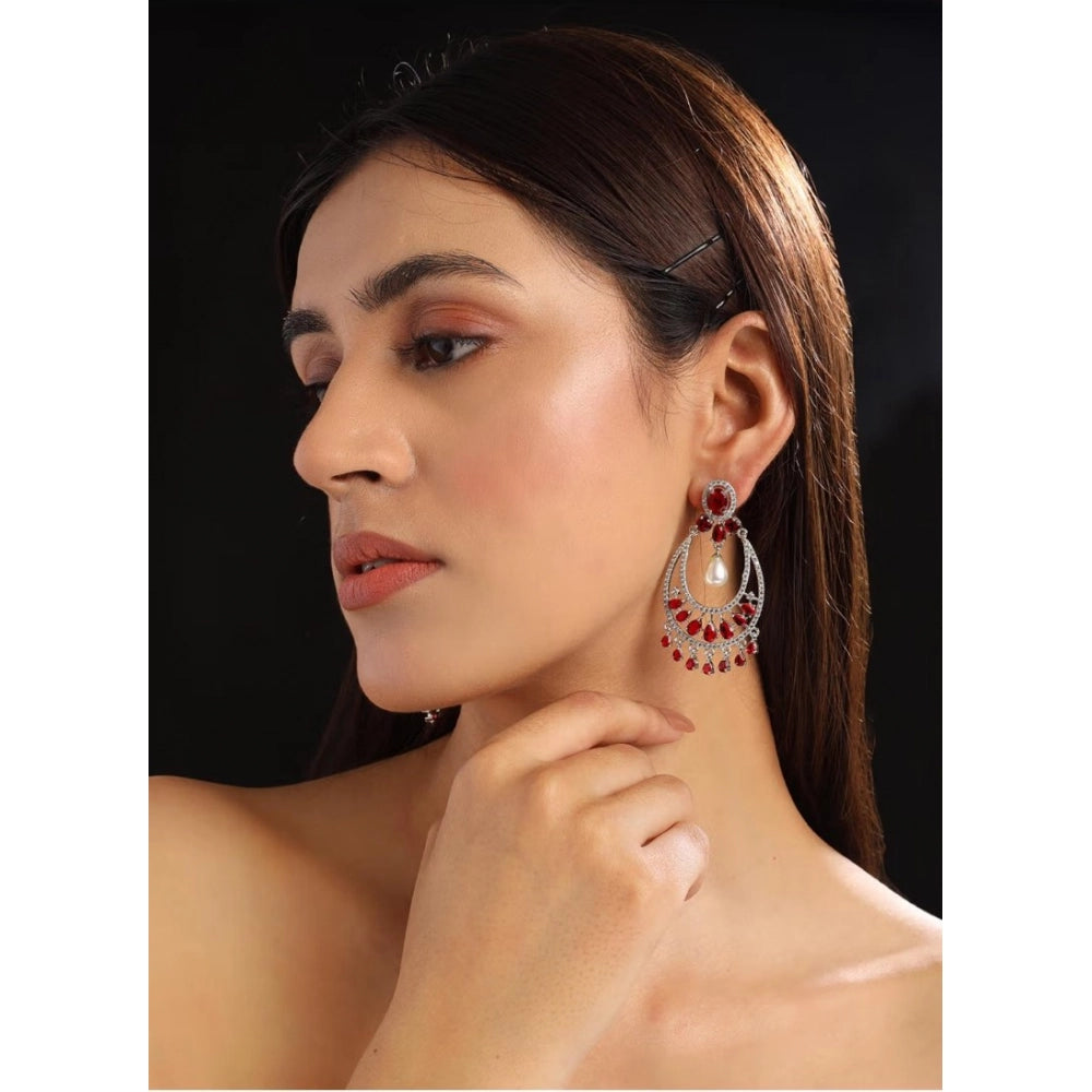 Brass Silver Plated Chandbali Earrings (Red)