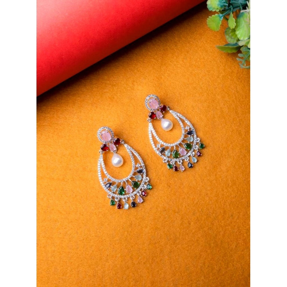 Brass Silver Plated Chandbali Earrings (Multicolor)