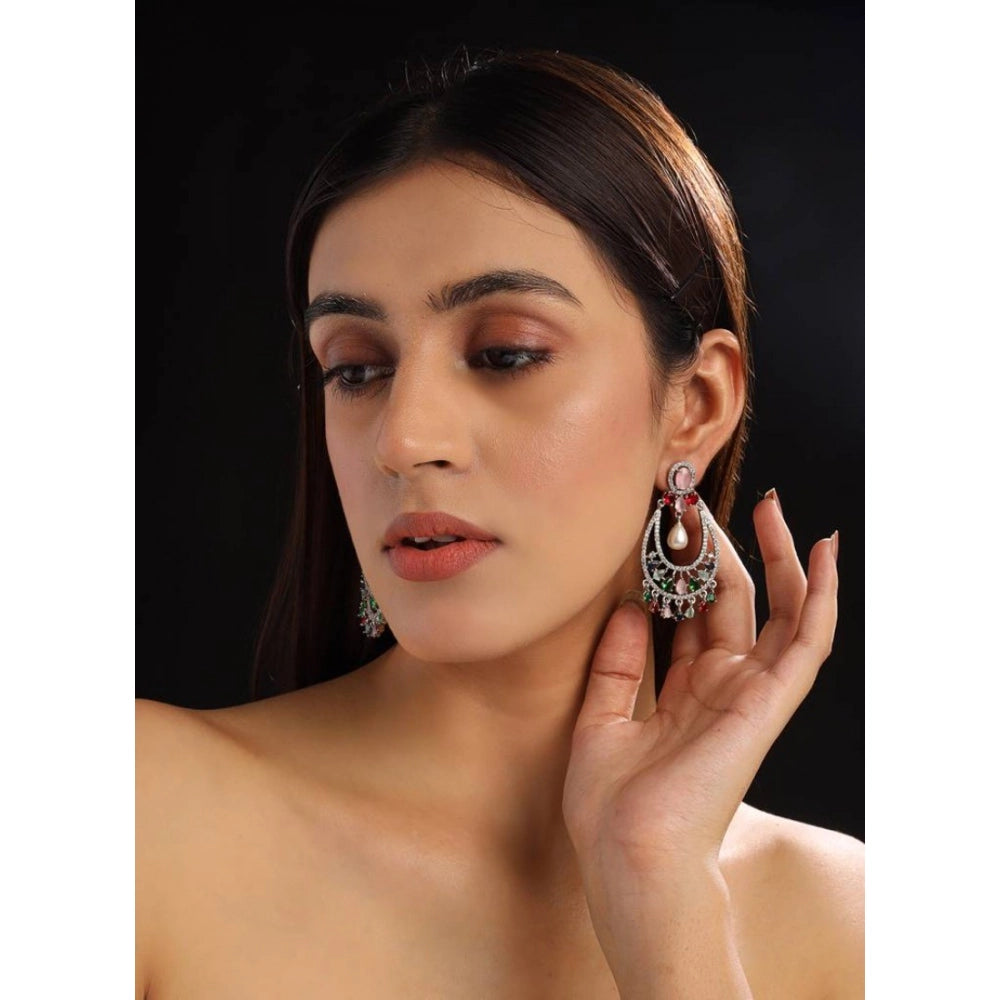 Brass Silver Plated Chandbali Earrings (Multicolor)