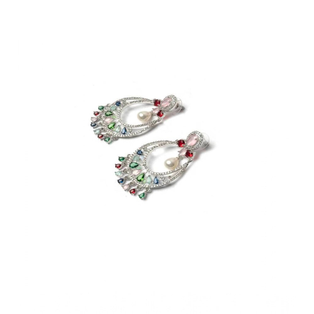 Brass Silver Plated Chandbali Earrings (Multicolor)