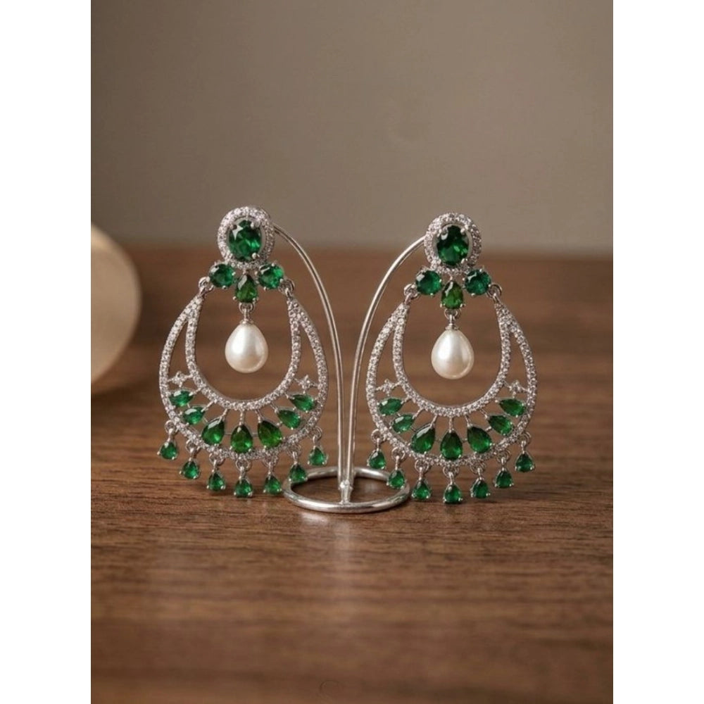 Brass Silver Plated Chandbali Earrings (Green)