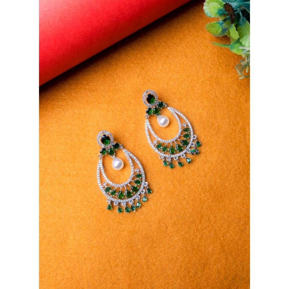 Brass Silver Plated Chandbali Earrings (Green)