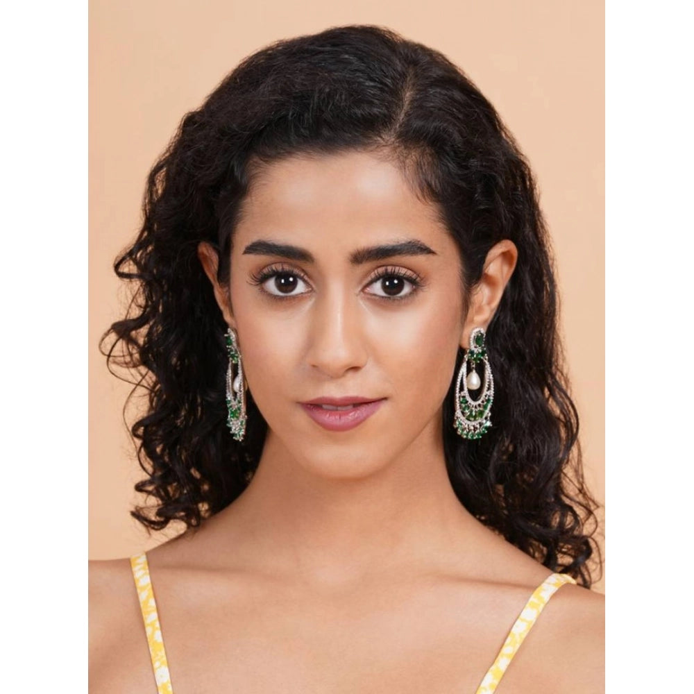 Brass Silver Plated Chandbali Earrings (Green)