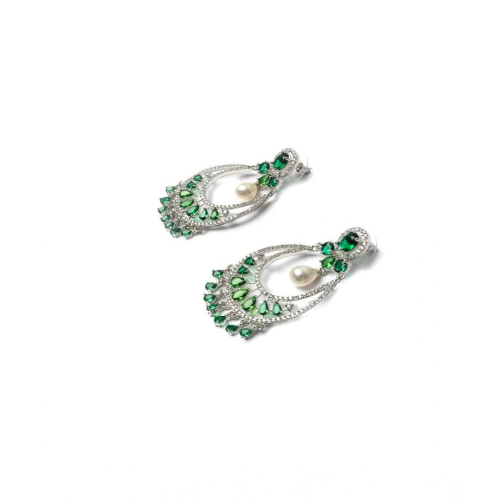 Brass Silver Plated Chandbali Earrings (Green)