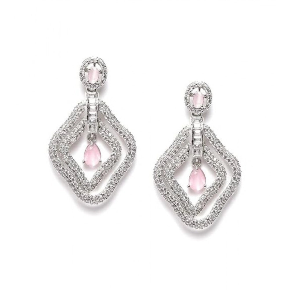 Brass Silver Plated Drop Earrings (Pink) – Design 08