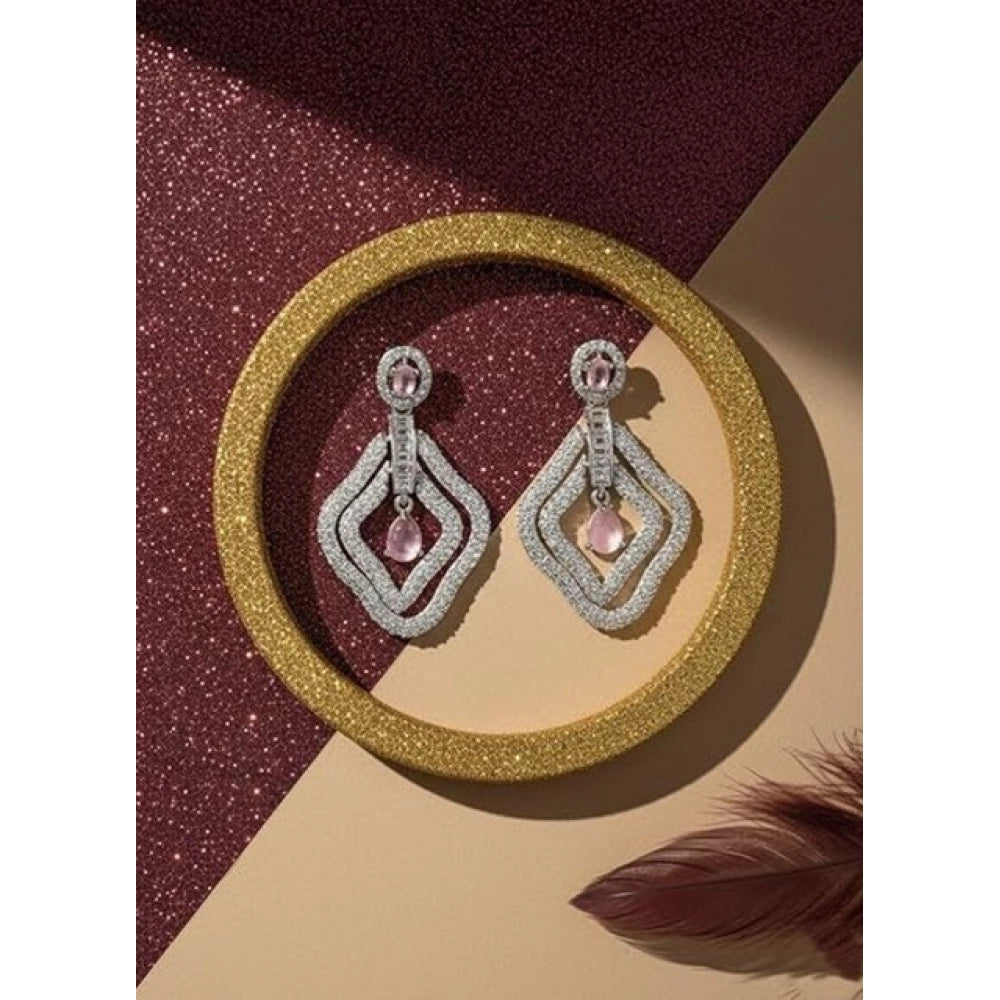 Brass Silver Plated Drop Earrings (Pink) – Design 08