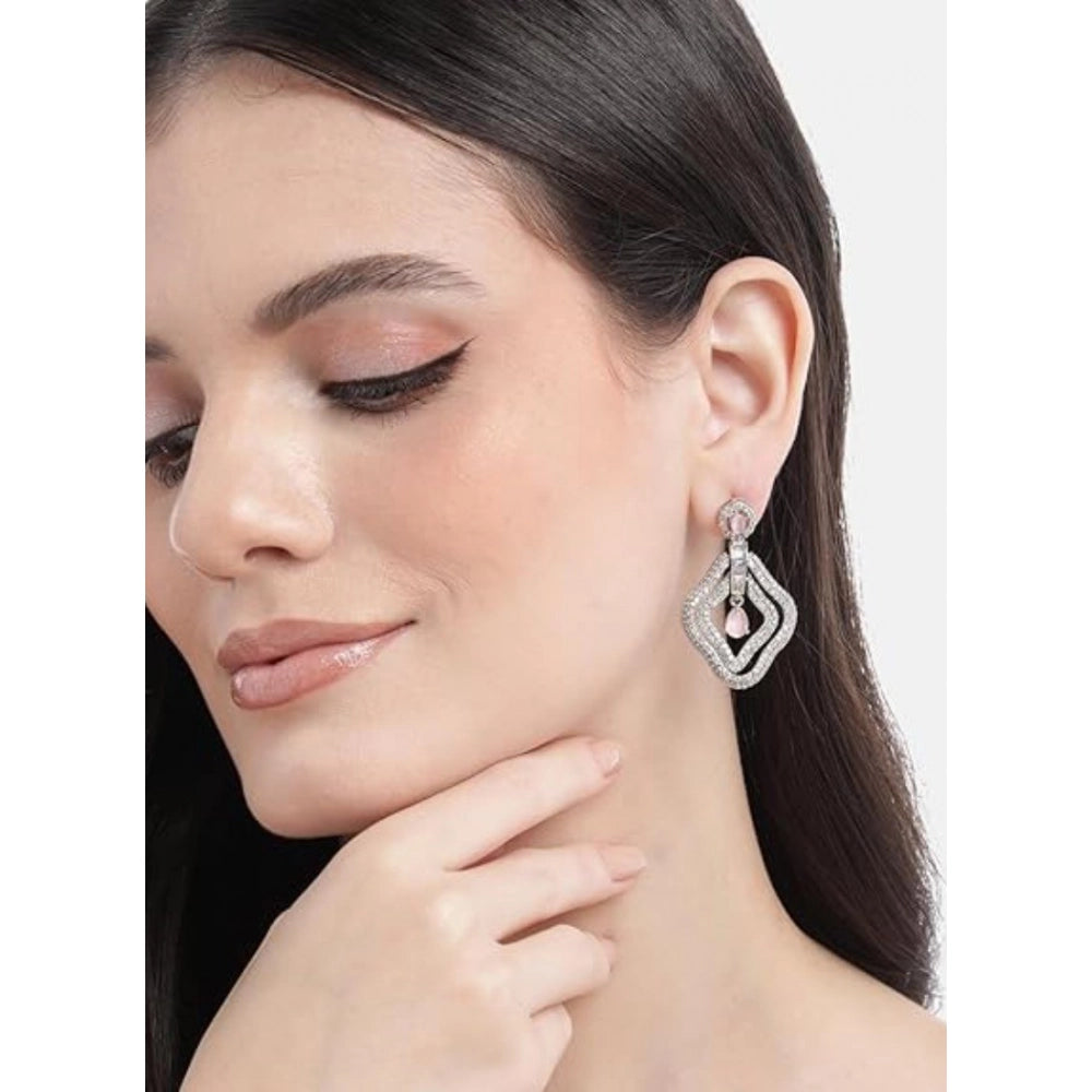 Brass Silver Plated Drop Earrings (Pink) – Design 08