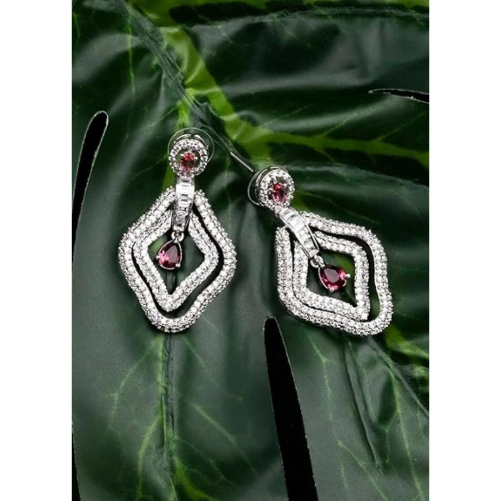 Brass Silver Plated Drop Earrings (Red) – Design 04