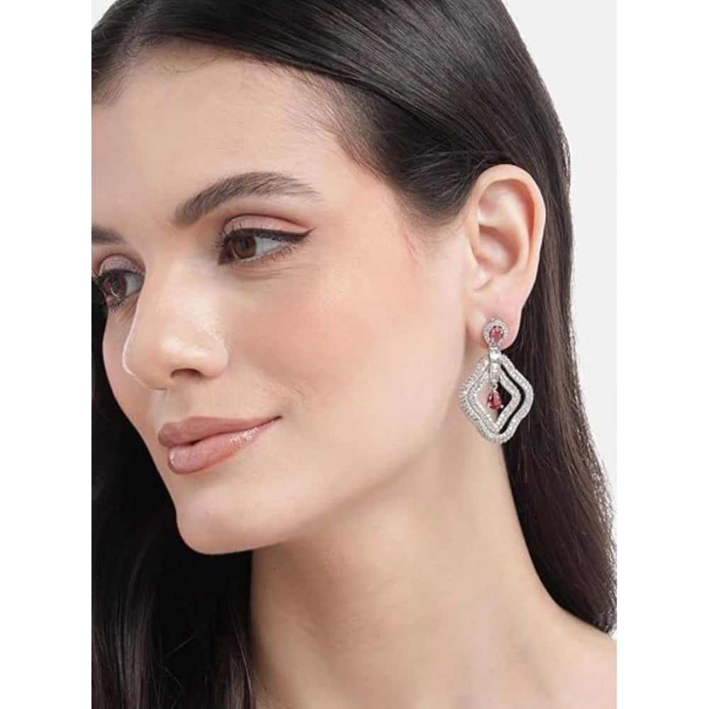 Brass Silver Plated Drop Earrings (Red) – Design 04