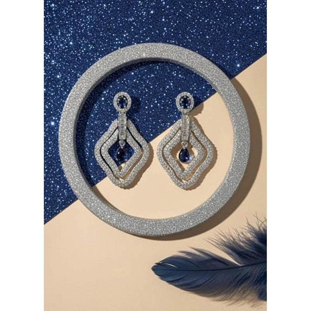 Brass Silver Plated Drop Earrings (Blue) – Design 04