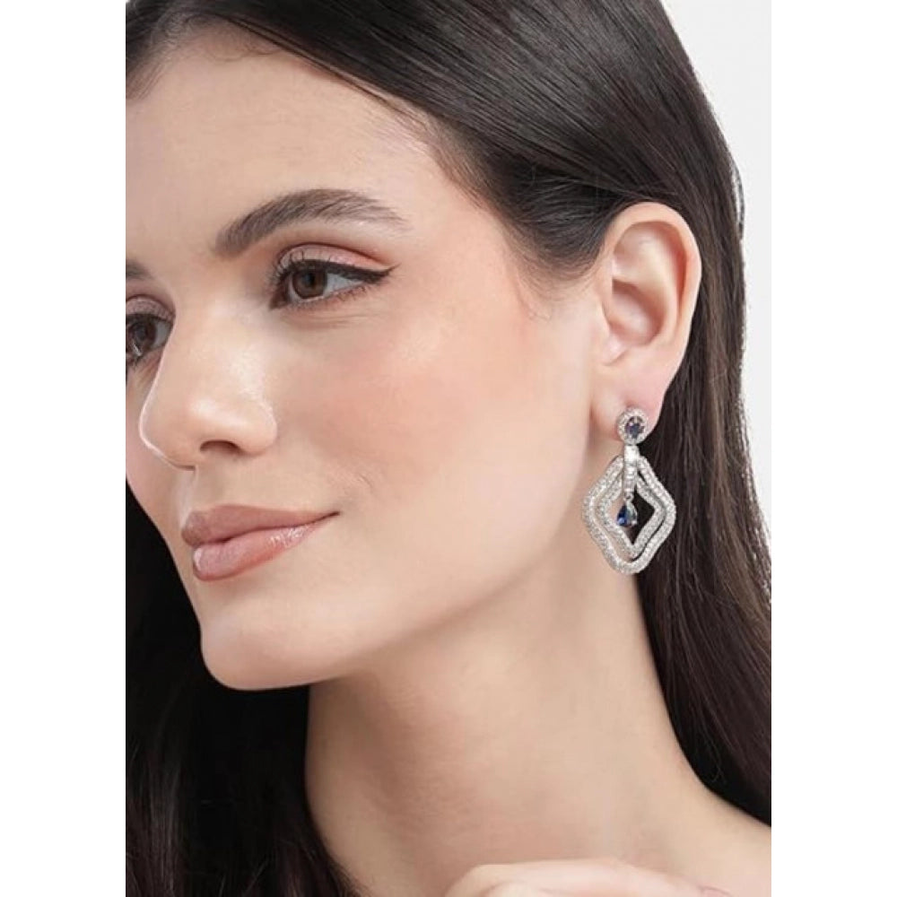 Brass Silver Plated Drop Earrings (Blue) – Design 04