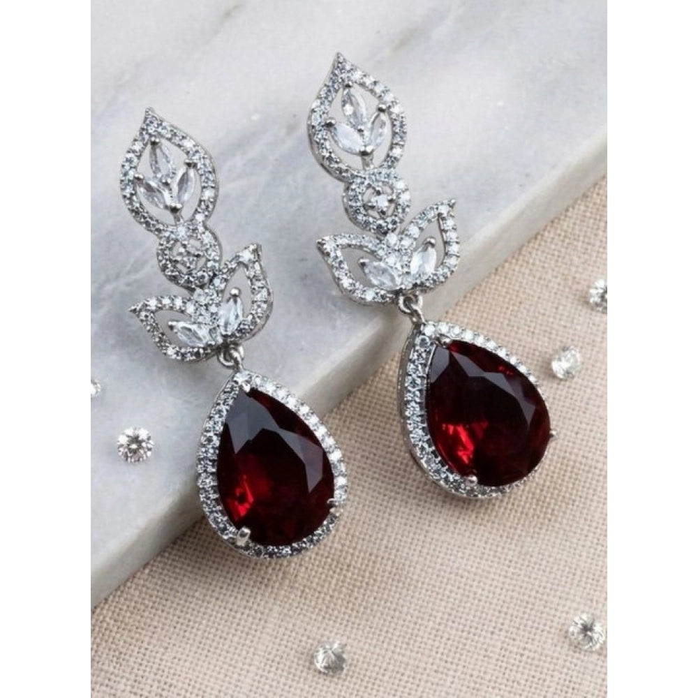 Brass Silver Plated Drop Earrings (Red) – Design 05