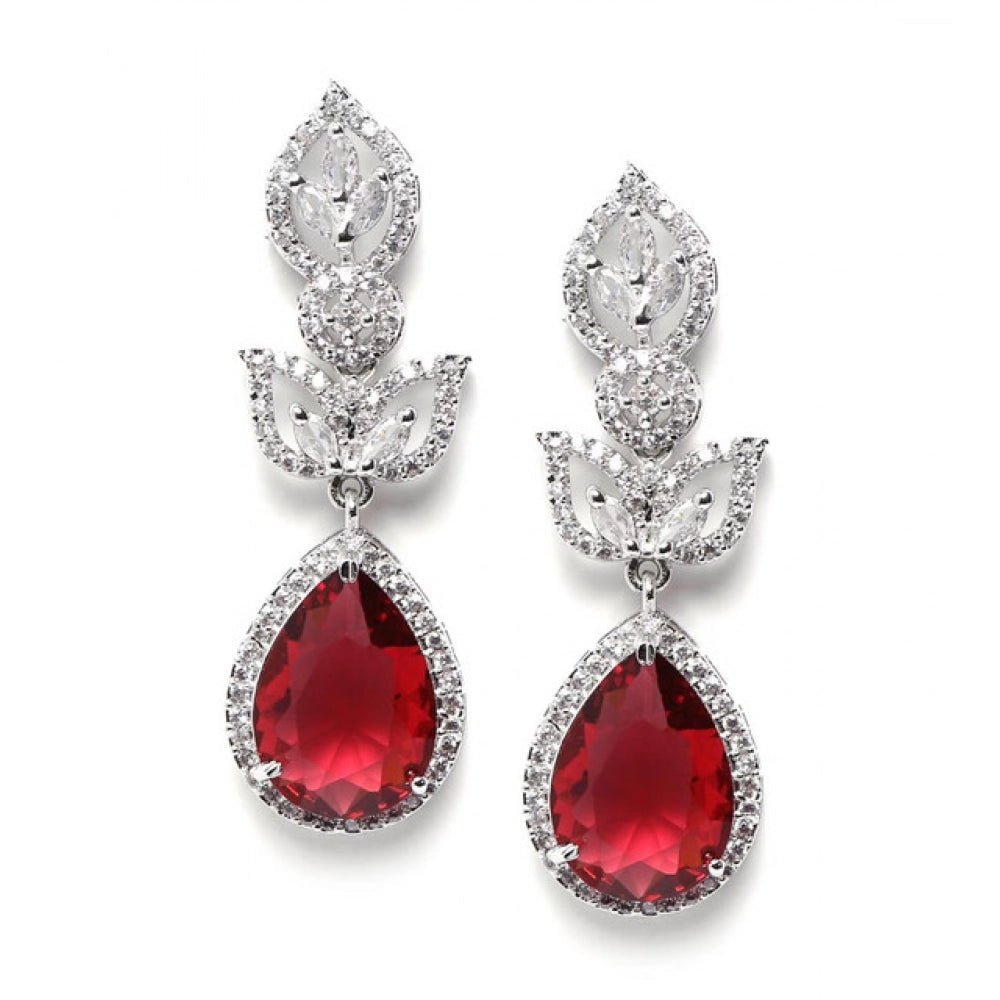 Brass Silver Plated Drop Earrings (Red) – Design 05