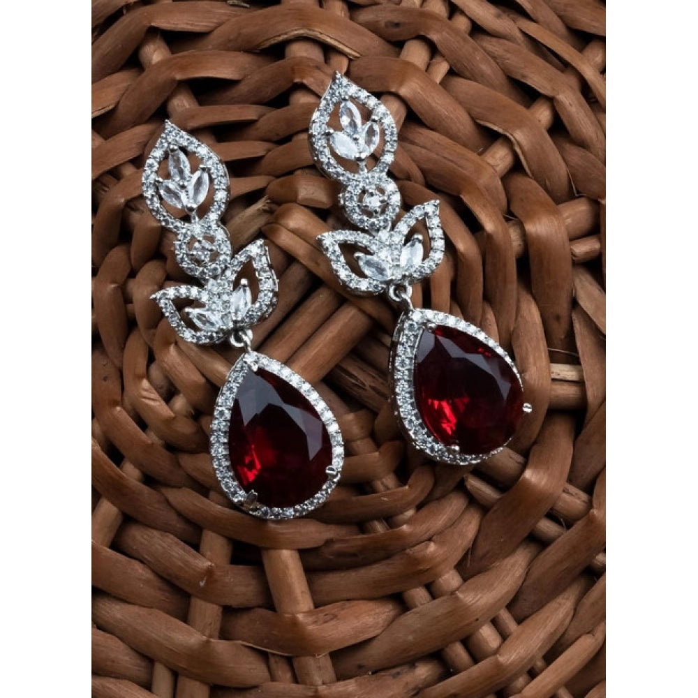 Brass Silver Plated Drop Earrings (Red) – Design 05