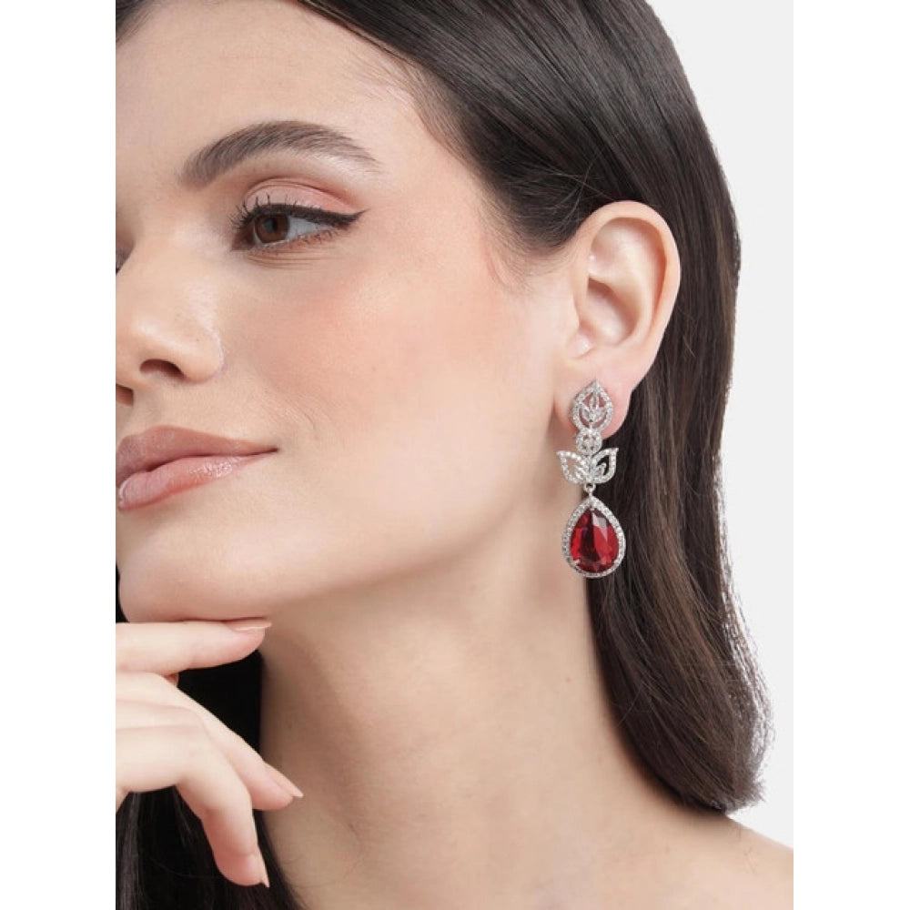 Brass Silver Plated Drop Earrings (Red) – Design 05