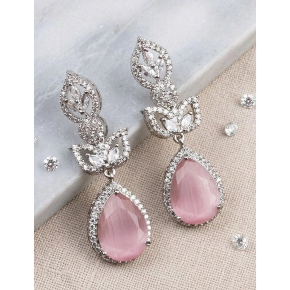 Brass Silver Plated Drop Earrings (Pink) – Design 09
