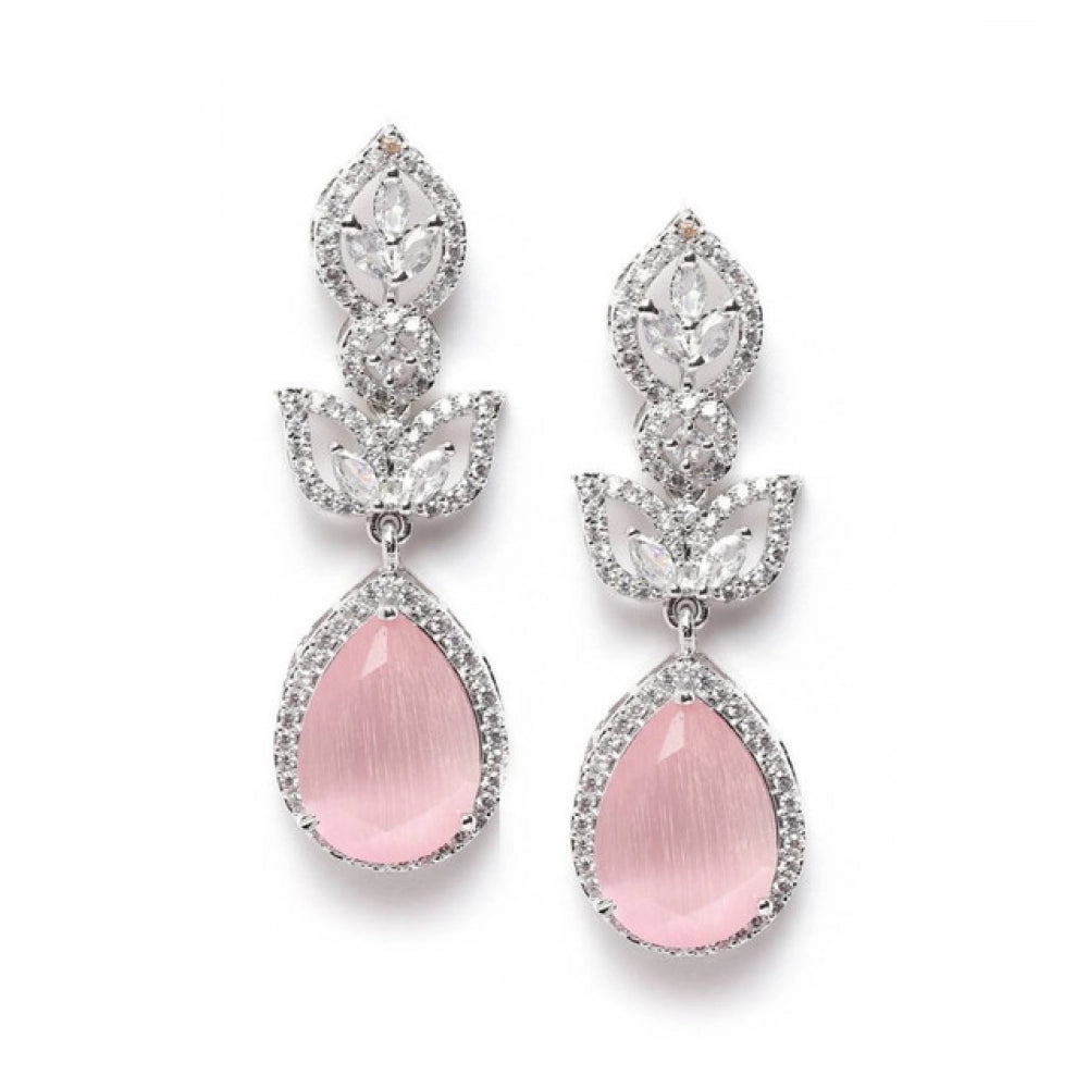 Brass Silver Plated Drop Earrings (Pink) – Design 09