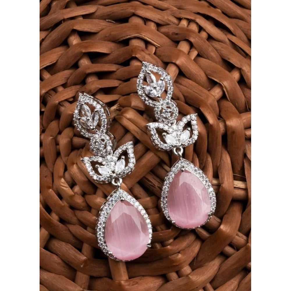 Brass Silver Plated Drop Earrings (Pink) – Design 09