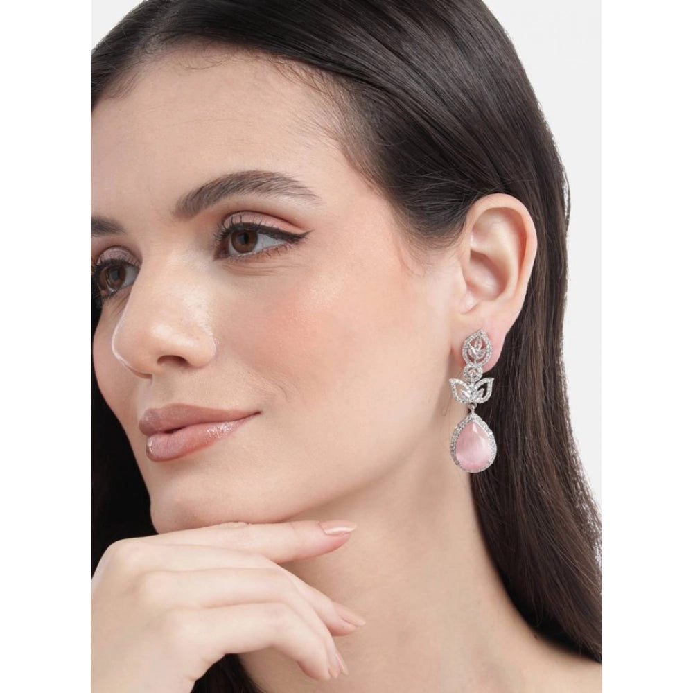 Brass Silver Plated Drop Earrings (Pink) – Design 09