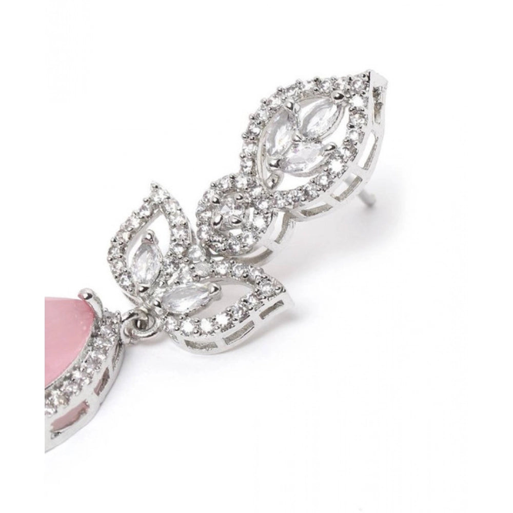 Brass Silver Plated Drop Earrings (Pink) – Design 09
