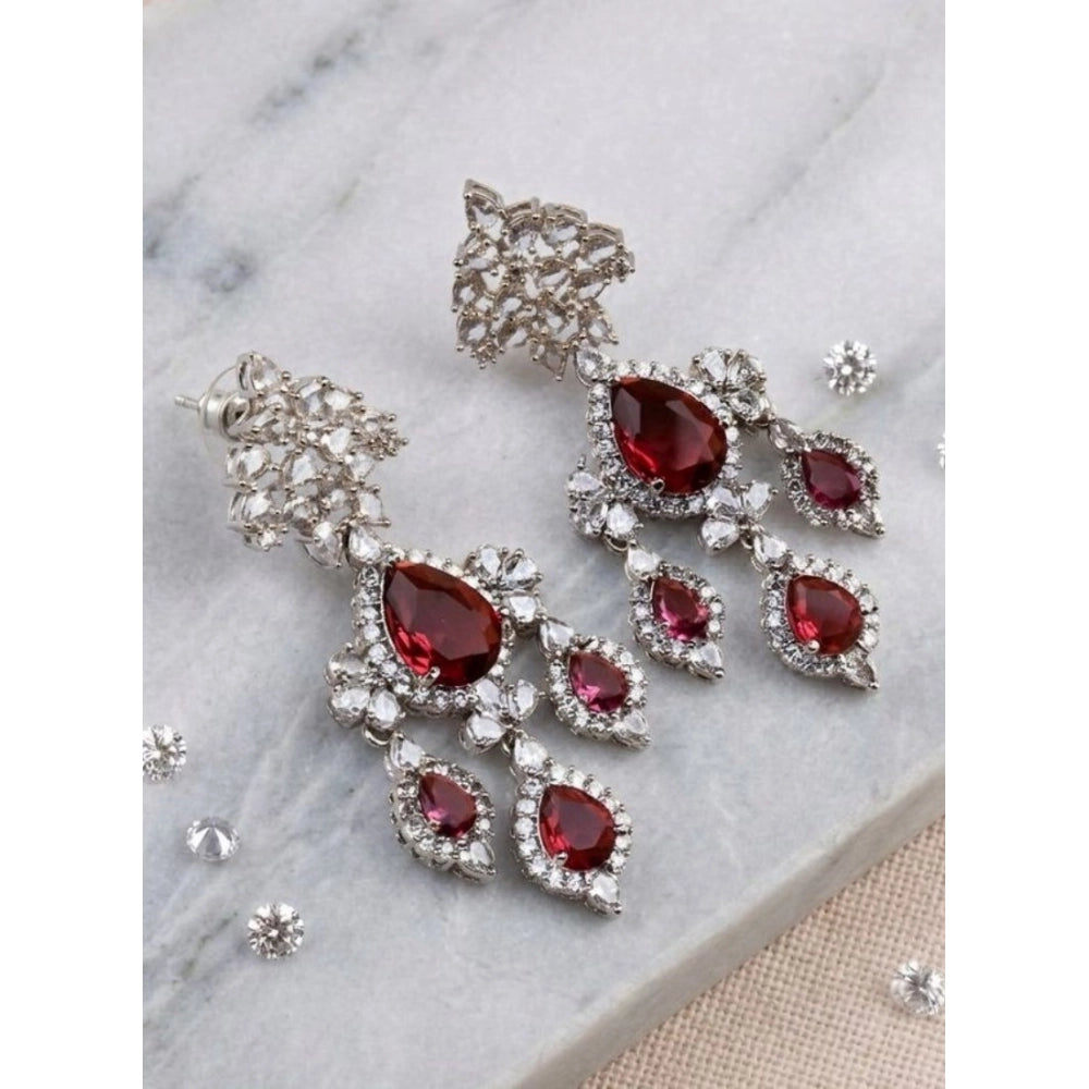Brass Silver Plated Drop Earrings (Red) – Design 06
