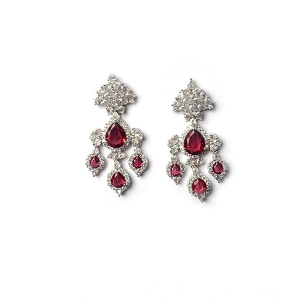 Brass Silver Plated Drop Earrings (Red) – Design 06