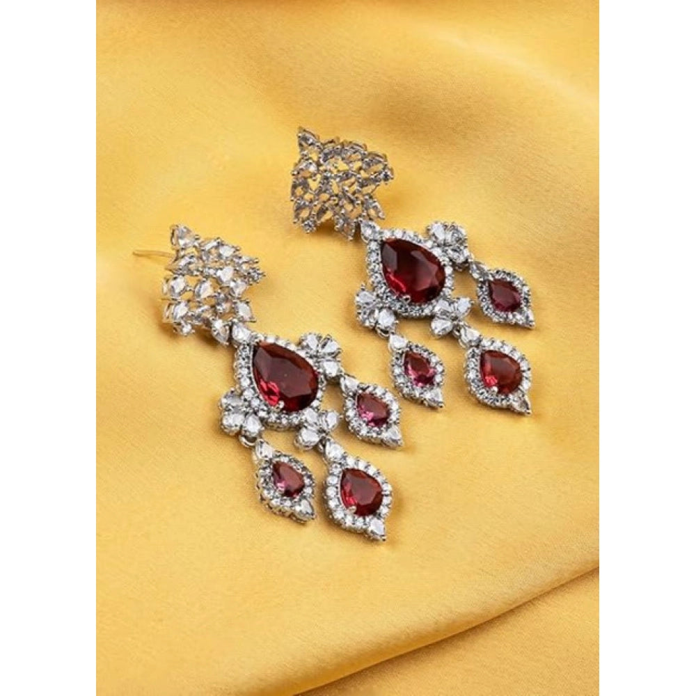Brass Silver Plated Drop Earrings (Red) – Design 06