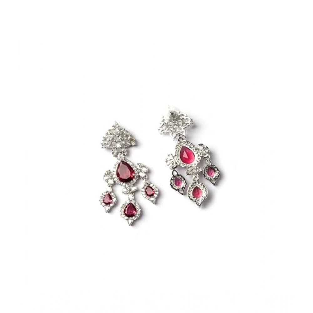 Brass Silver Plated Drop Earrings (Red) – Design 06