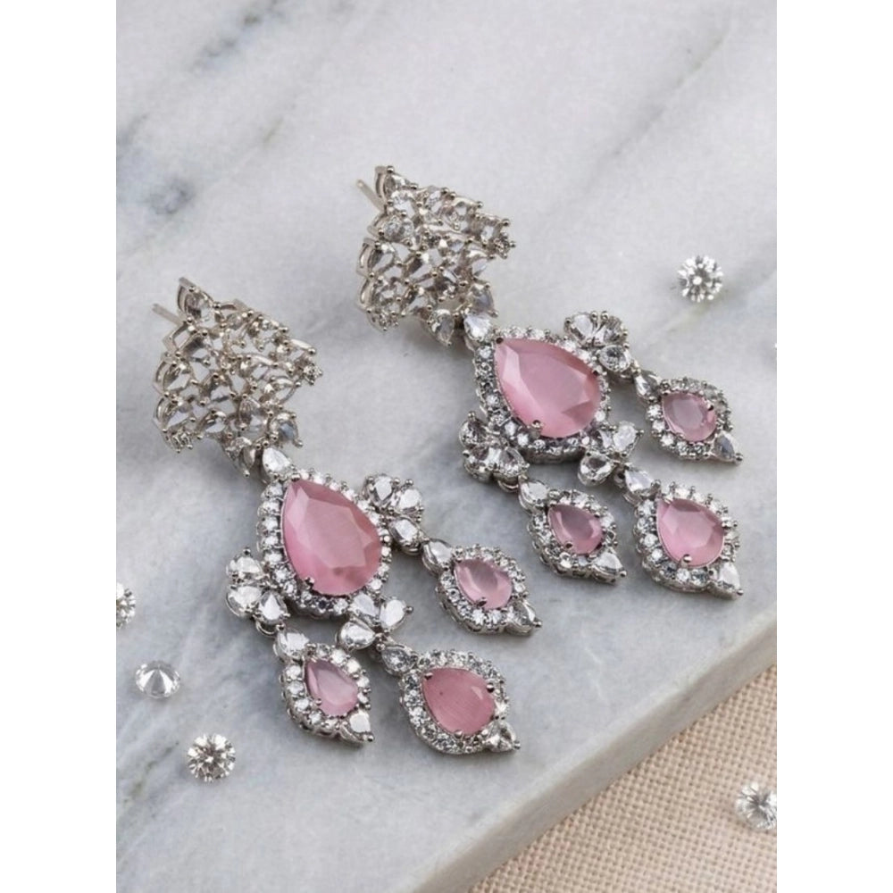Brass Silver Plated Drop Earrings (Pink) – Design 10