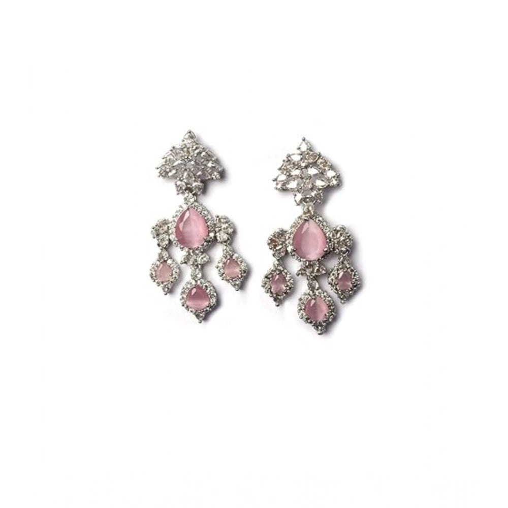 Brass Silver Plated Drop Earrings (Pink) – Design 10