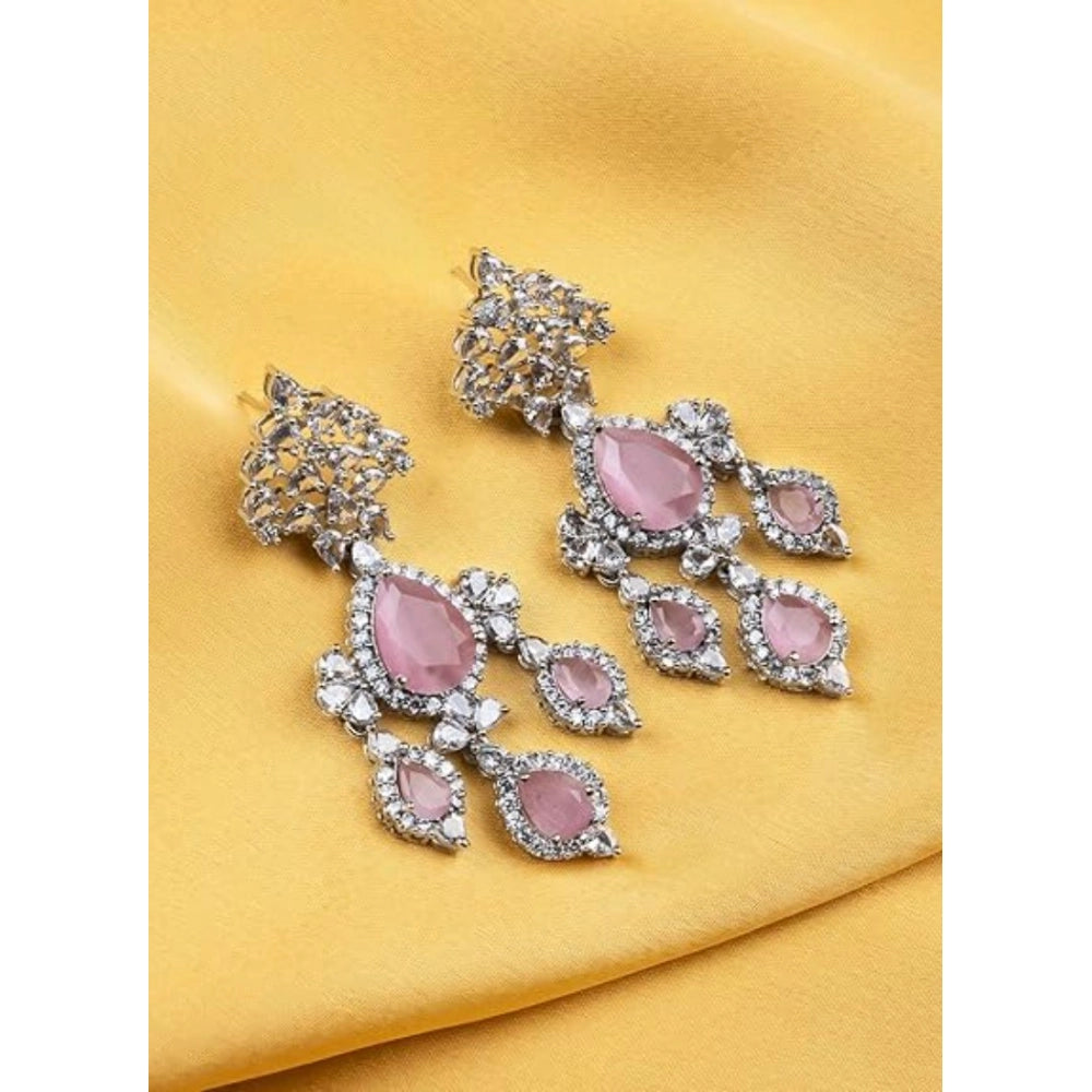 Brass Silver Plated Drop Earrings (Pink) – Design 10