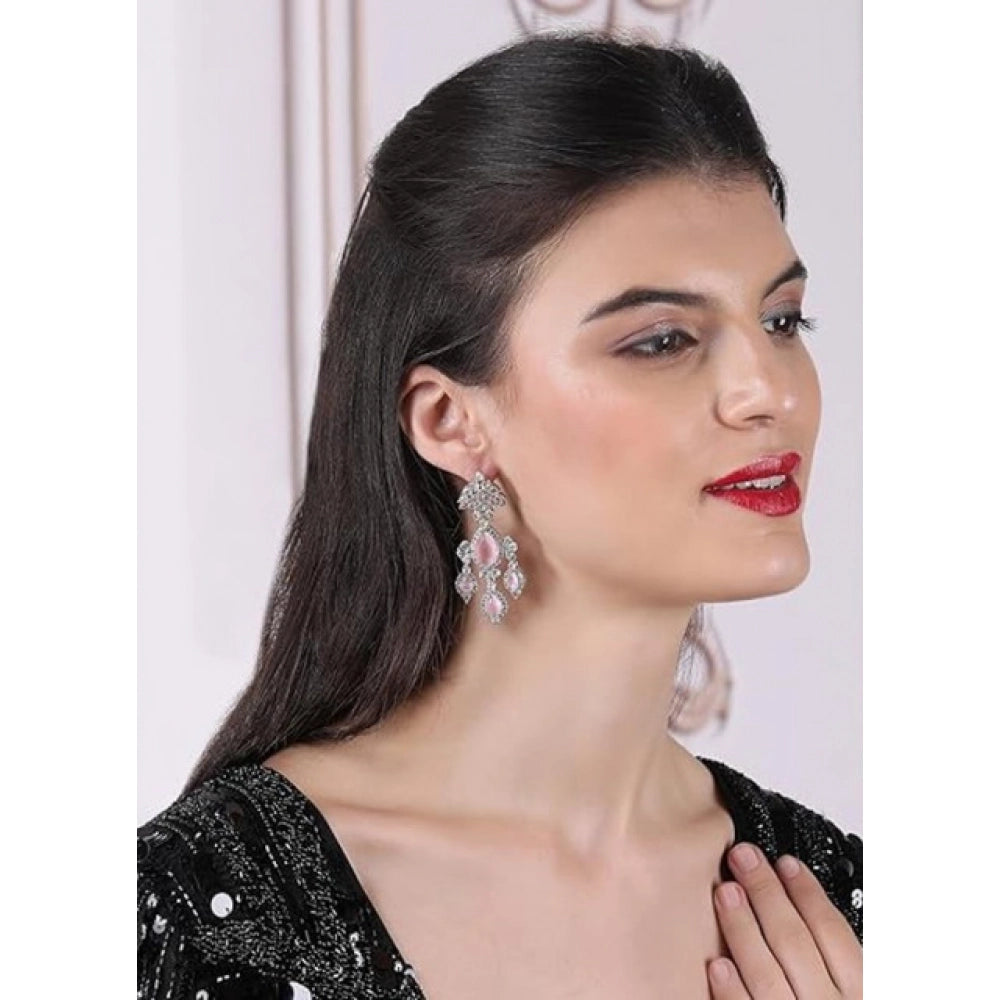 Brass Silver Plated Drop Earrings (Pink) – Design 10