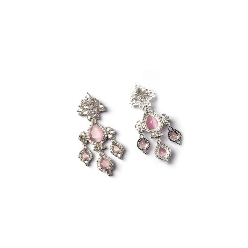 Brass Silver Plated Drop Earrings (Pink) – Design 10